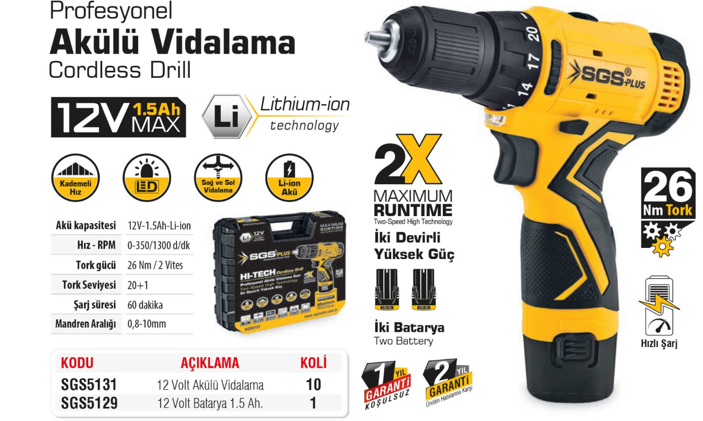 SGS5131 AKÜLÜ VİDALAMA SETİ 12 VOLT (1.5Ah)